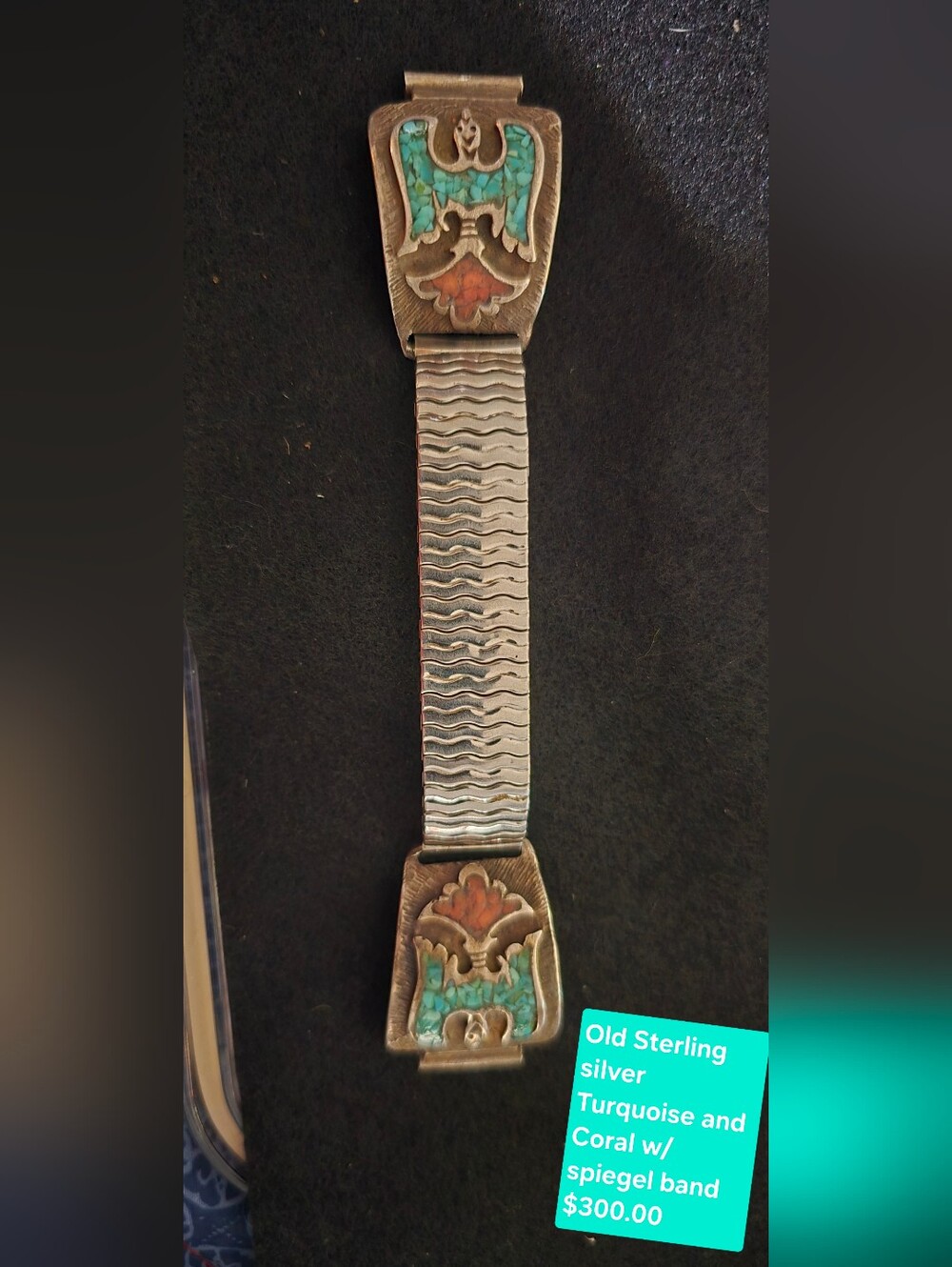 Turquoise and Coral Inlay Silver Tone Link Bracelet